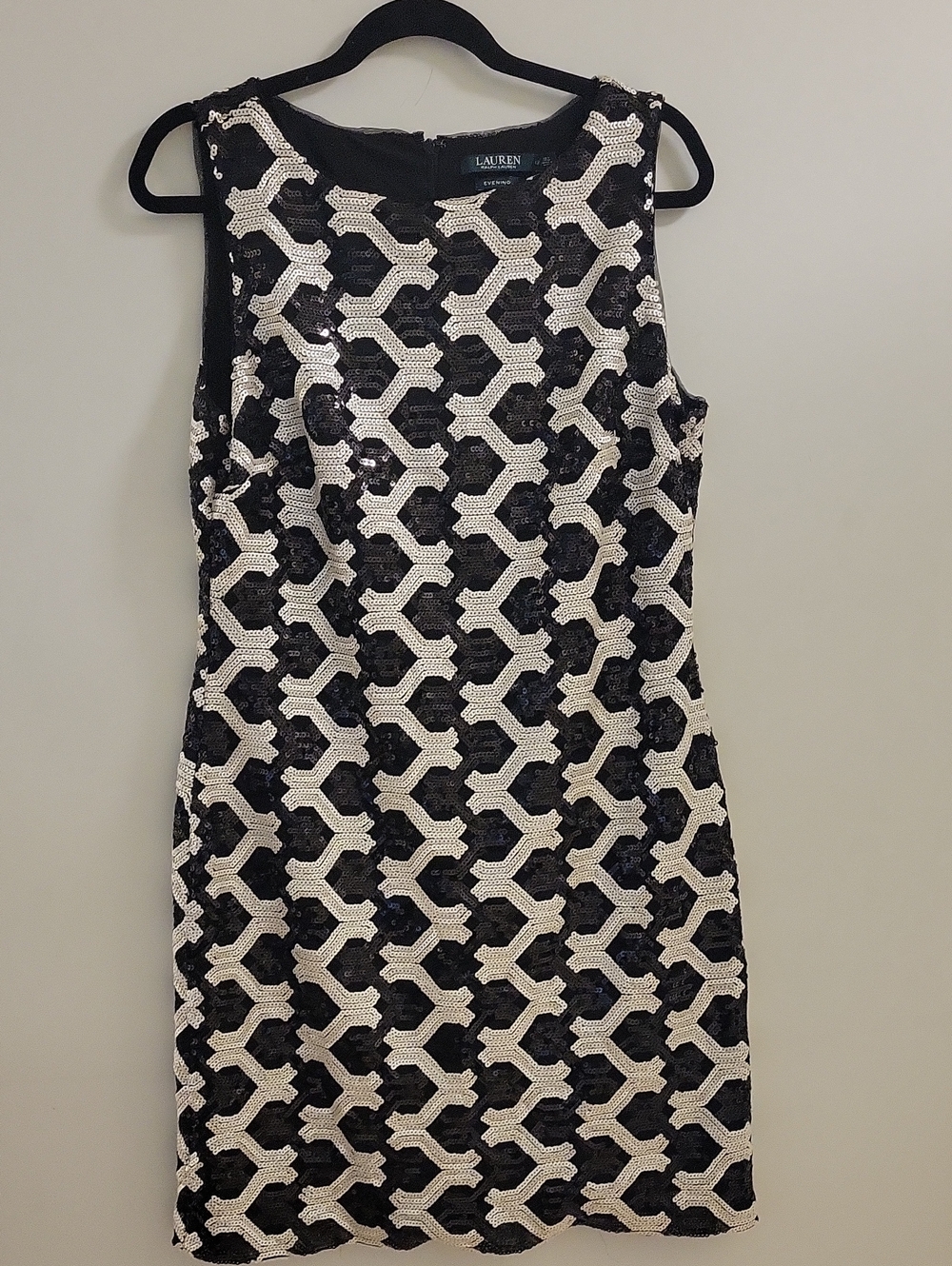 Lauren Ralph Lauren Black and Cream Geometric Sequin Sheath Dress Size 12